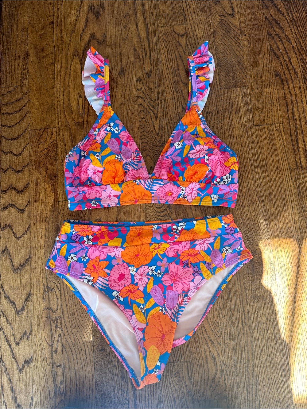 Ladies Floral Ruffle Strap Bikini - Blue with Pink & Orange Flowers by CUPSHE